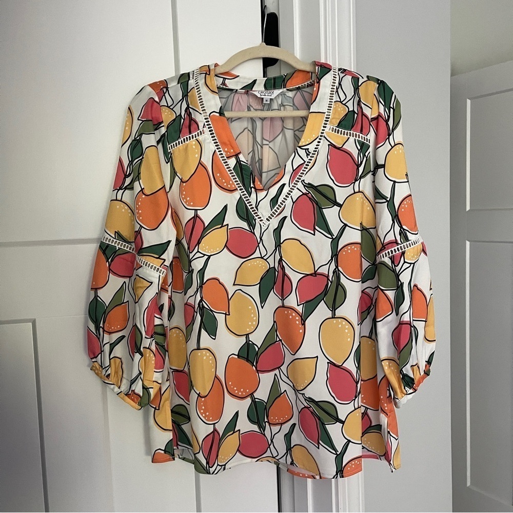 Crosby by Mollie Burch Citrus Lemon Summer Yellow Pink Blouse